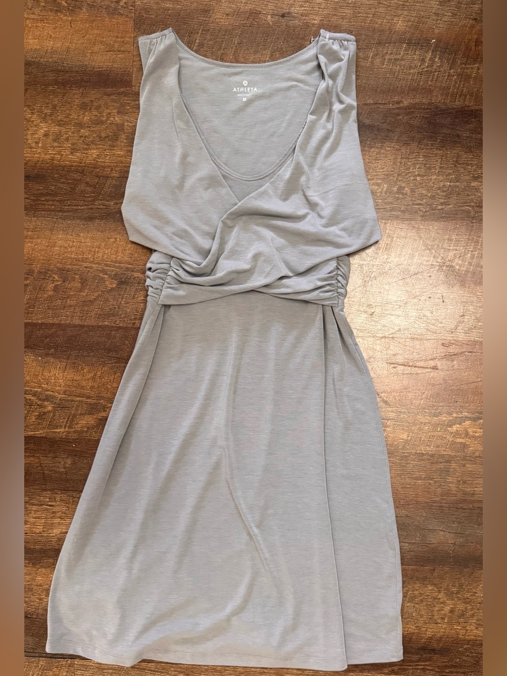 Athleta Gray Ruched Faux Wrap Sleeveless Midi Dress Medium Stretch Travel Casual